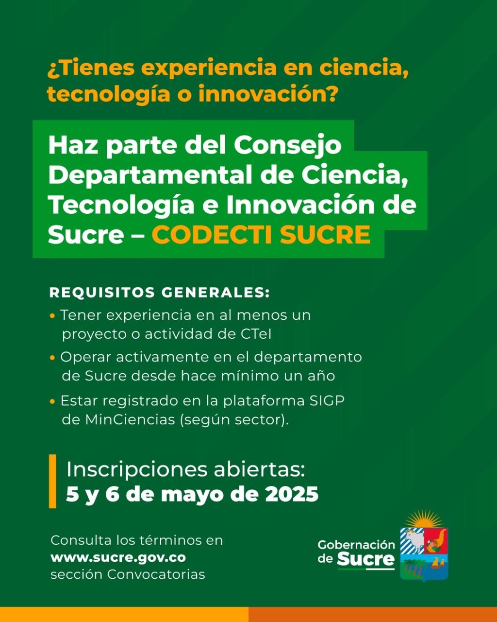 Convocatoria para la conformación del consejo departamental de ciencia, tecnología e innovación de sucre – CODECTI SUCRE